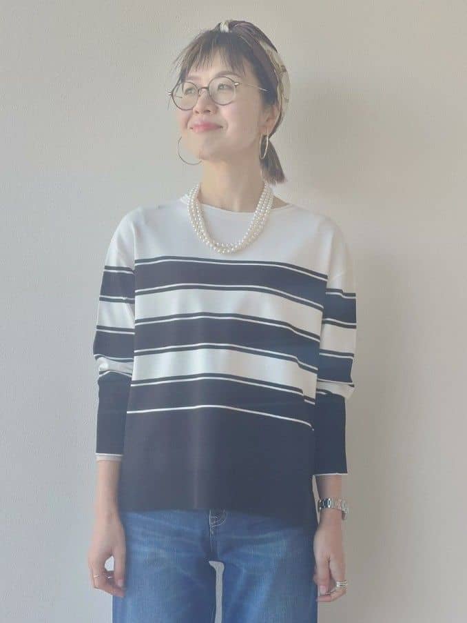 MUTSUKOさんの「UNTITLED｜◆【洗える/ゆったり】ボーダーボートネックニット」を使ったコーディネート