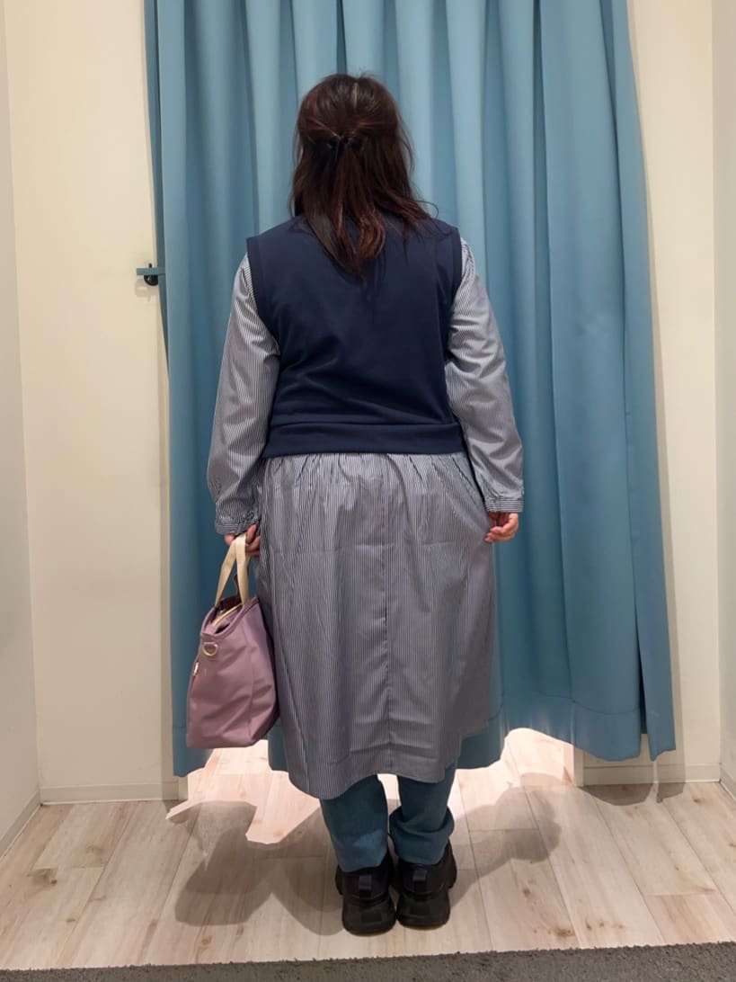 くーさんの「SHOO･LA･RUE｜【S-LL/体型カバー】ストライプが爽やか　ベストドッキングシャツワンピース」を使ったコーディネート