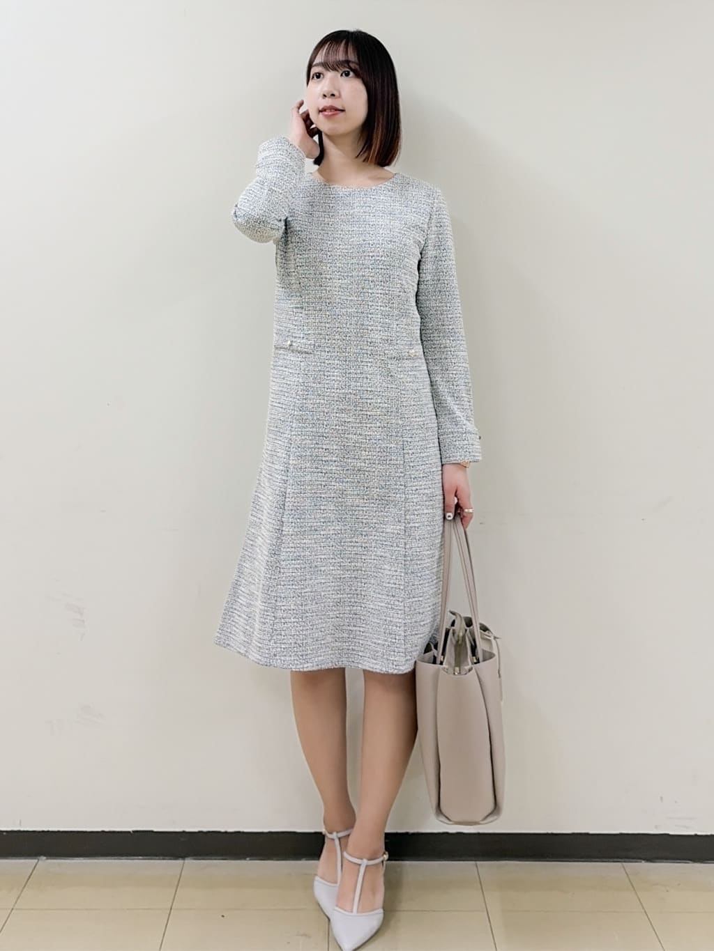 yurinaさんの「index｜ミックスツイードフレアワンピース【洗える／イージーアイロン／ストレッチ】《S～3L》」を使ったコーディネート
