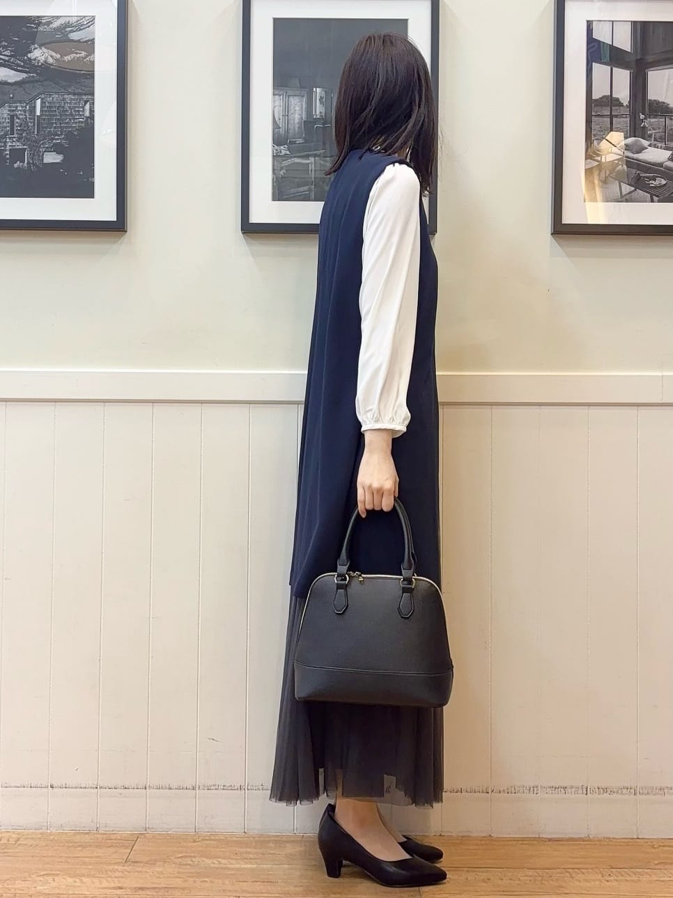 えぬさんの「SHOO･LA･RUE｜【洗濯機可/セットアップ可/S-3L】きちんと楽に。カットジョーゼット ロングジレ」を使ったコーディネート