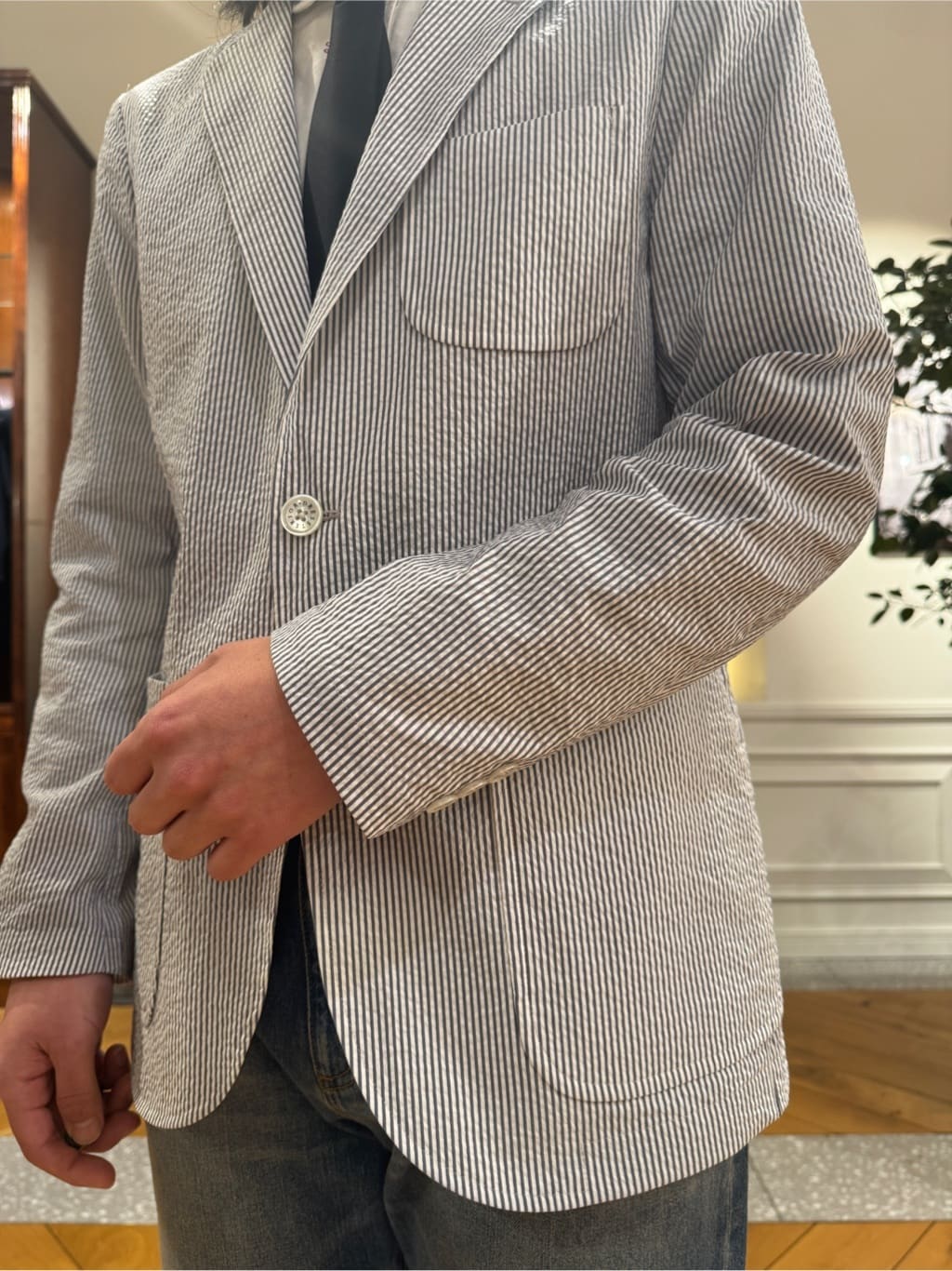 kawarataniさんの「DRESSTERIOR｜◆【吸湿速乾/セットアップ可/ウォッシャブル】COOLMAX シアサッカー サマージャケット」を使ったコーディネート
