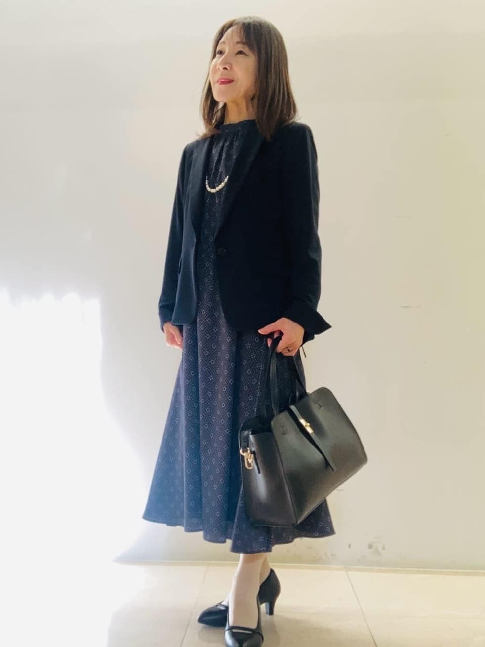 kurodaさんの「Reflect｜【きちんと見え／通勤／セレモニーにおすすめ◎】ドット&times;ダイヤ柄ワンピース」を使ったコーディネート