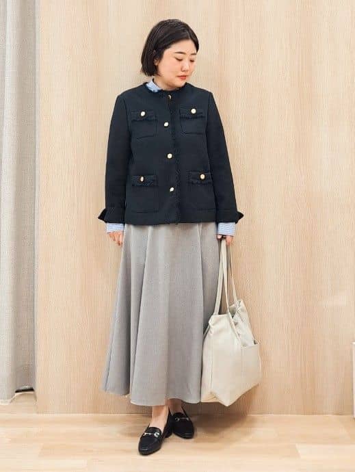 ふるさんの「grove｜【ハレの日・通勤】きちんとからカジュアルまで着回せる、ミドル丈ツイードジャケット」を使ったコーディネート