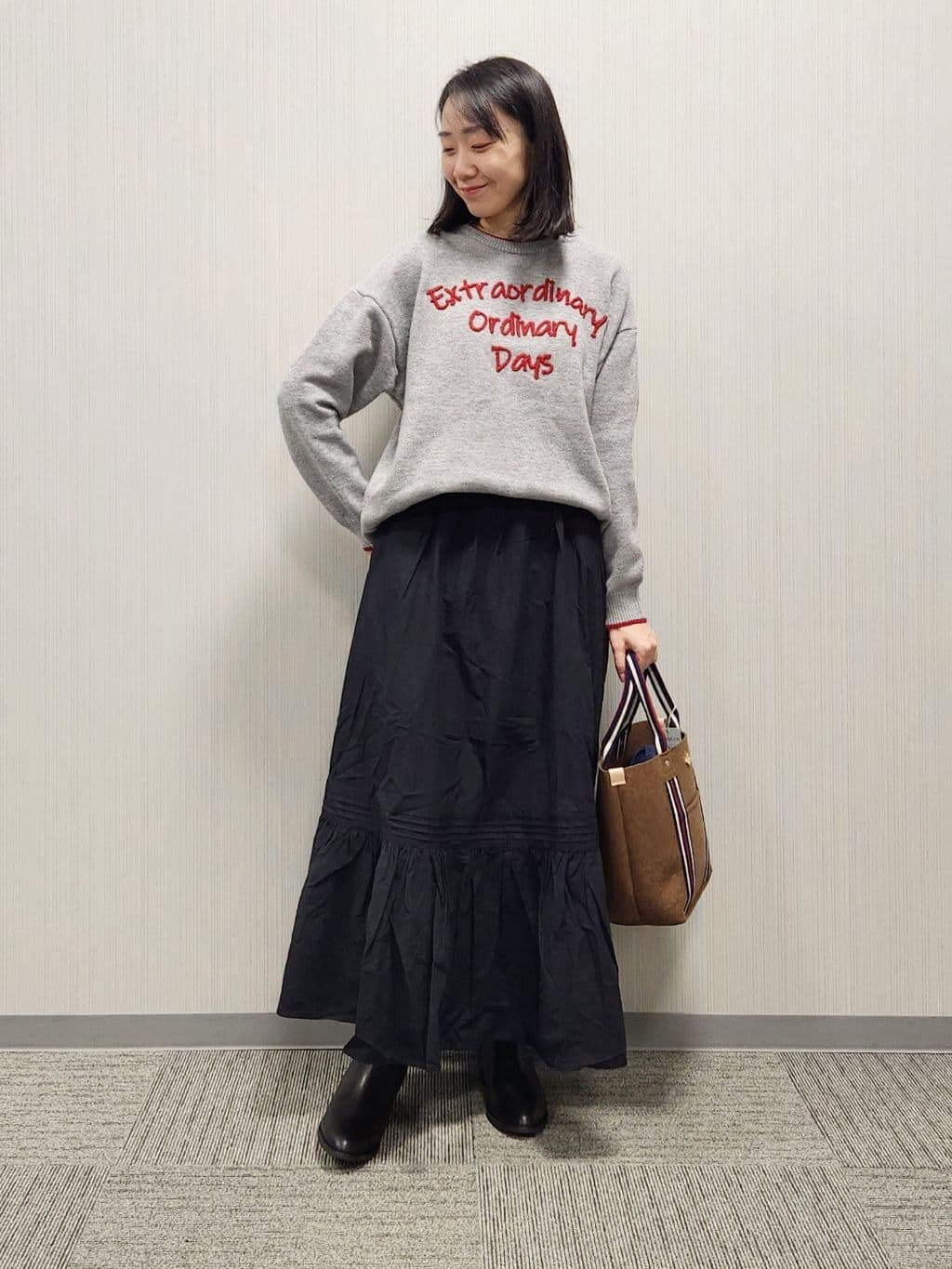 naraさんの「Dessin｜【洗える】ペイント風刺繍入り配色ラインニット」を使ったコーディネート