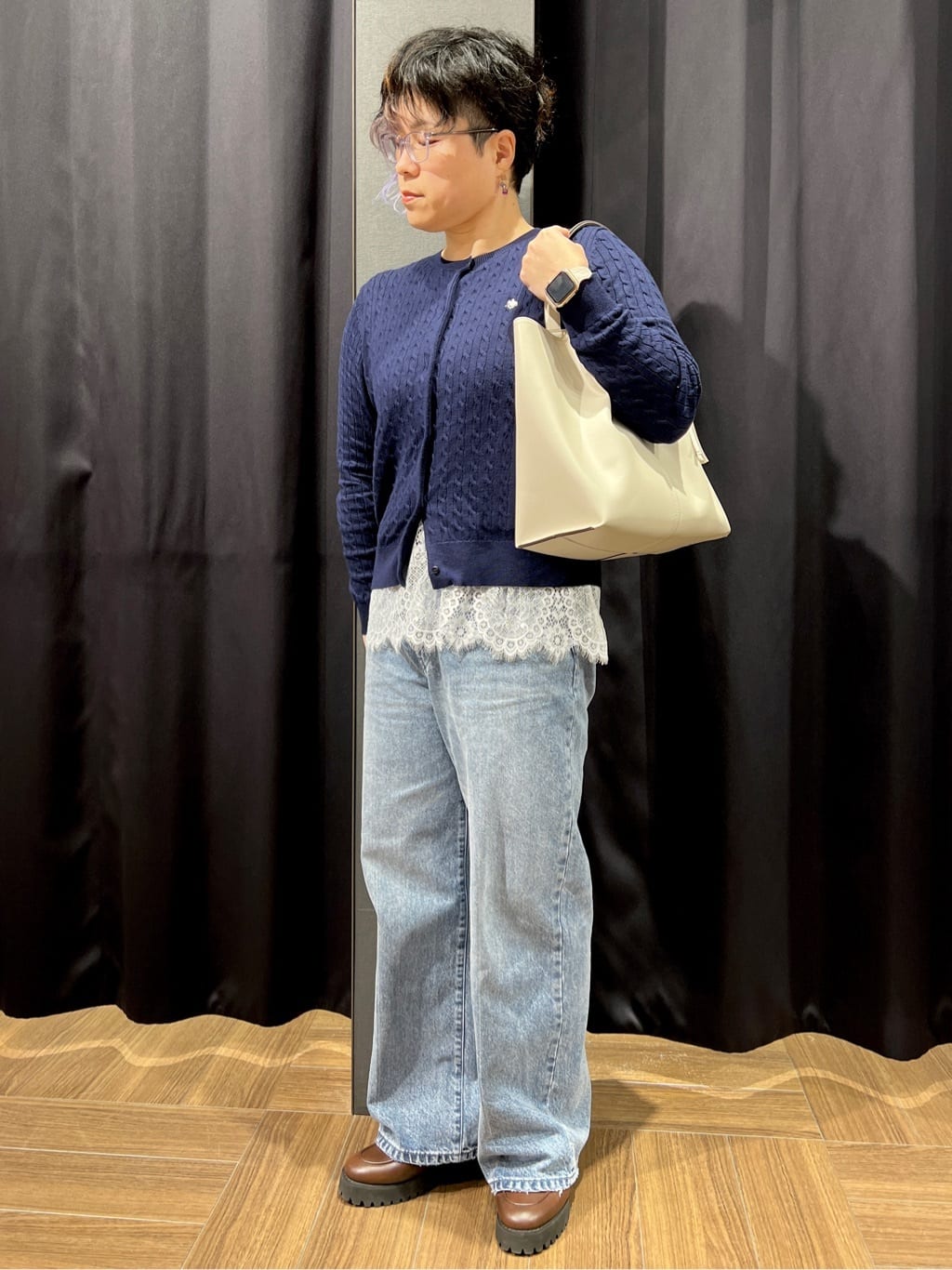 OKMKさんの「THE SHOP TK｜【POLO BCS 別注】ケーブルカーディガン」を使ったコーディネート