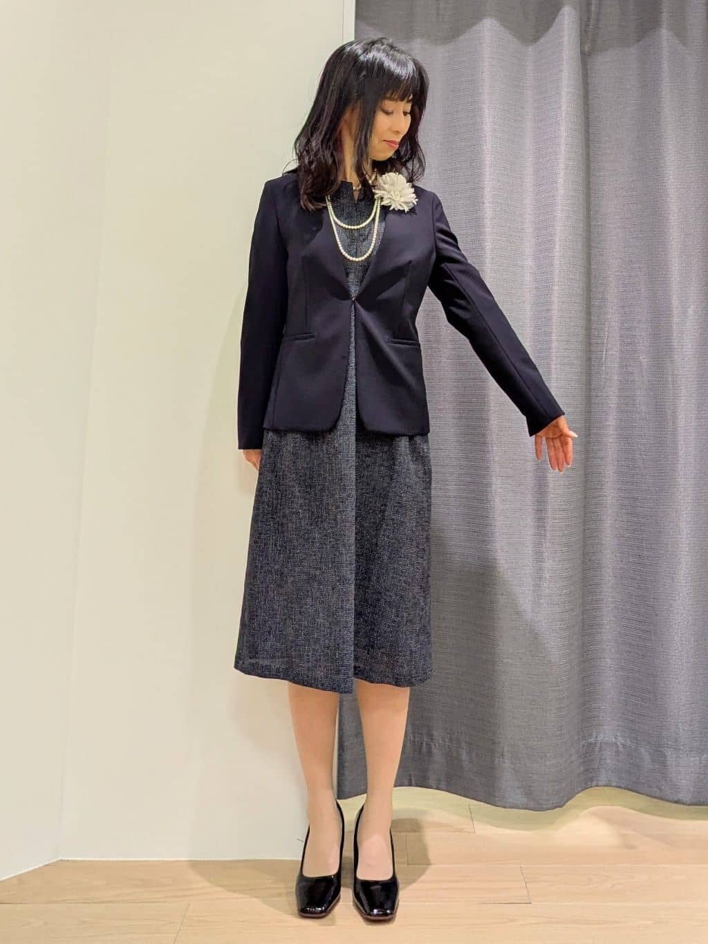 miiさんの「INDIVI｜【通勤スーツ／洗える】ストレッチカラーレスジャケット」を使ったコーディネート