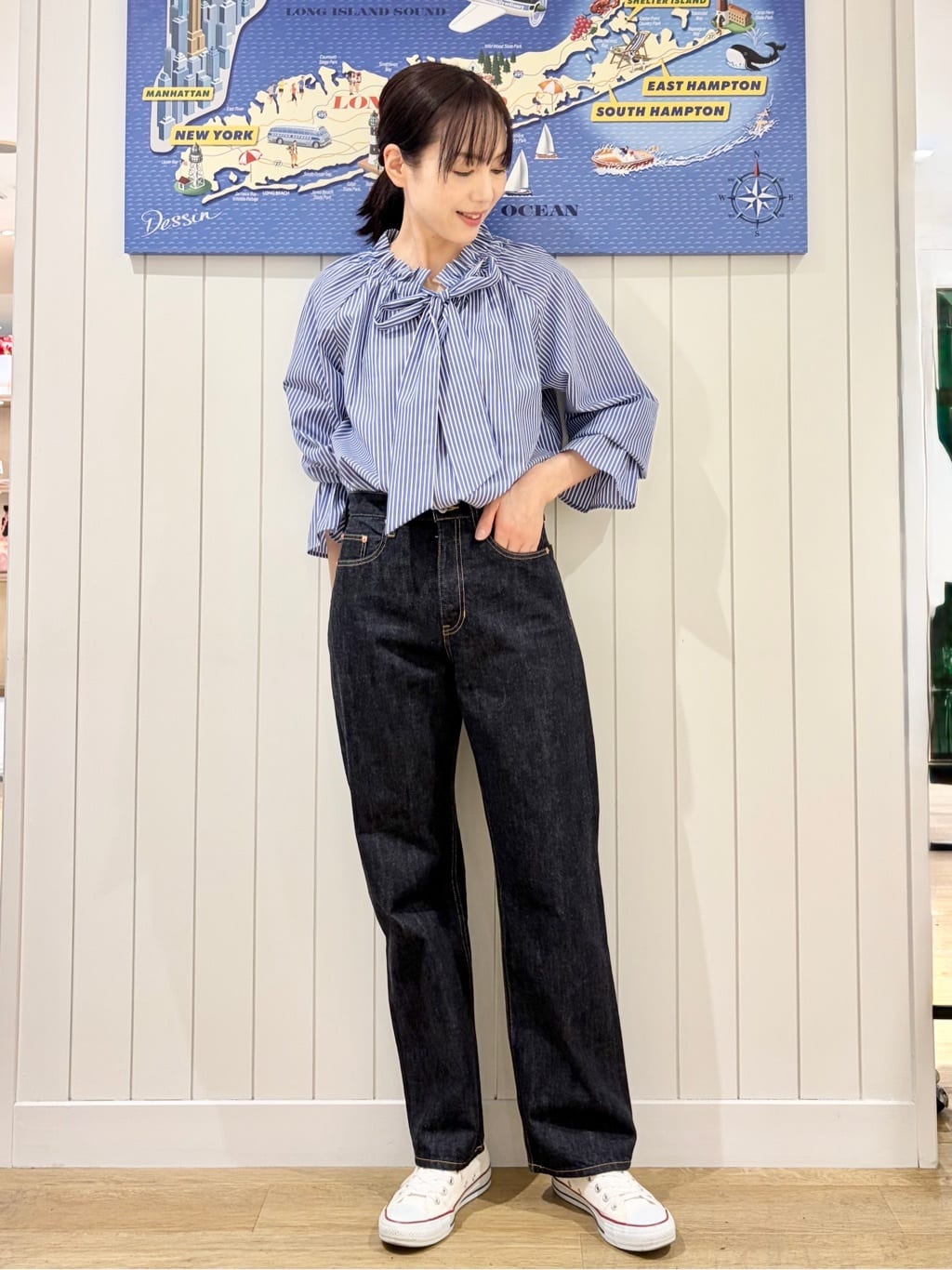 uwatokoさんの「Dessin｜【洗える】フリルボウタイストライプブラウス」を使ったコーディネート