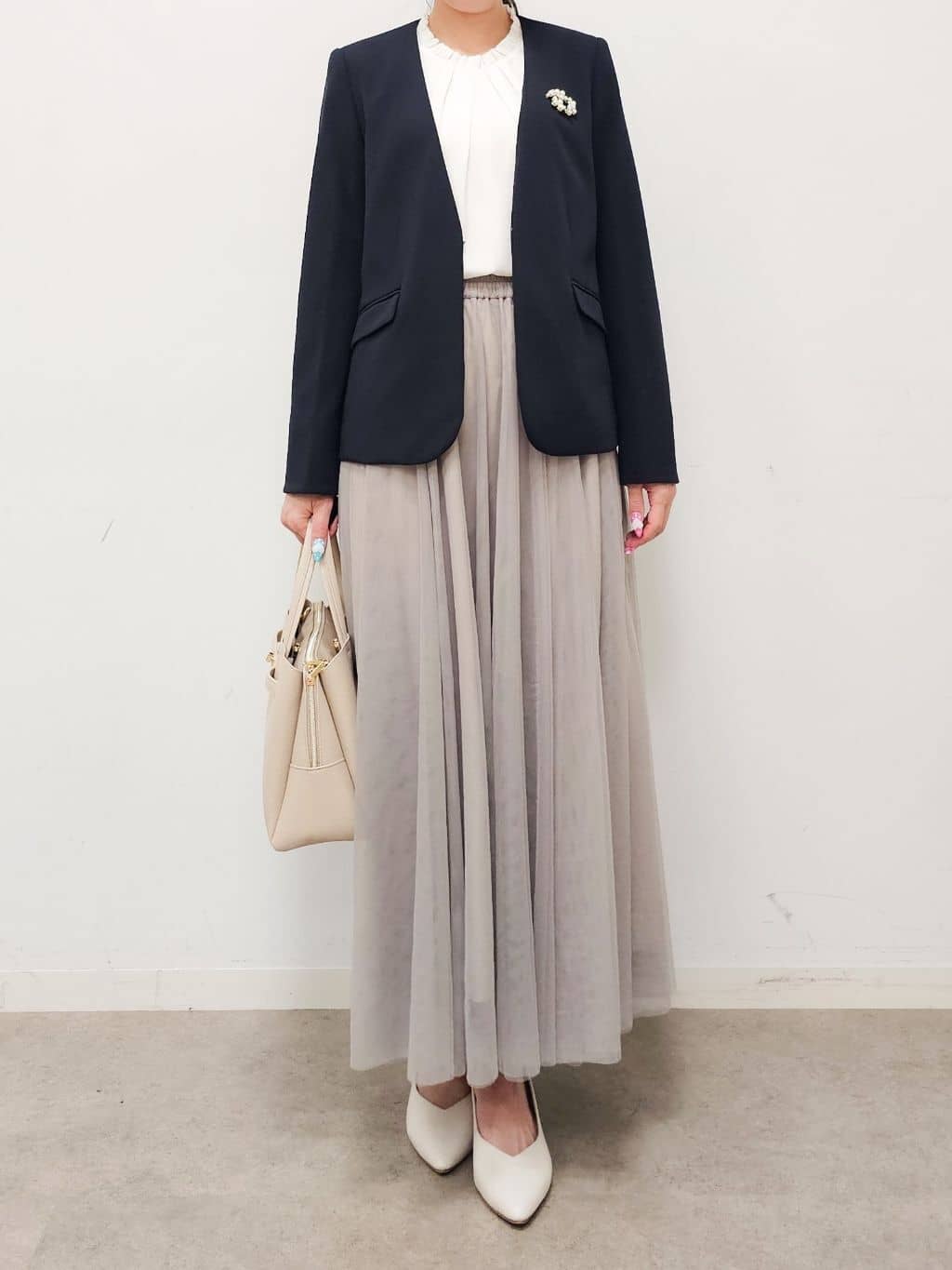 ゆゆさんの「SHOO･LA･RUE｜【洗濯機可/セットアップ可/S-3L】きちんと楽に。カットジョーゼットノーカラージャケット」を使ったコーディネート