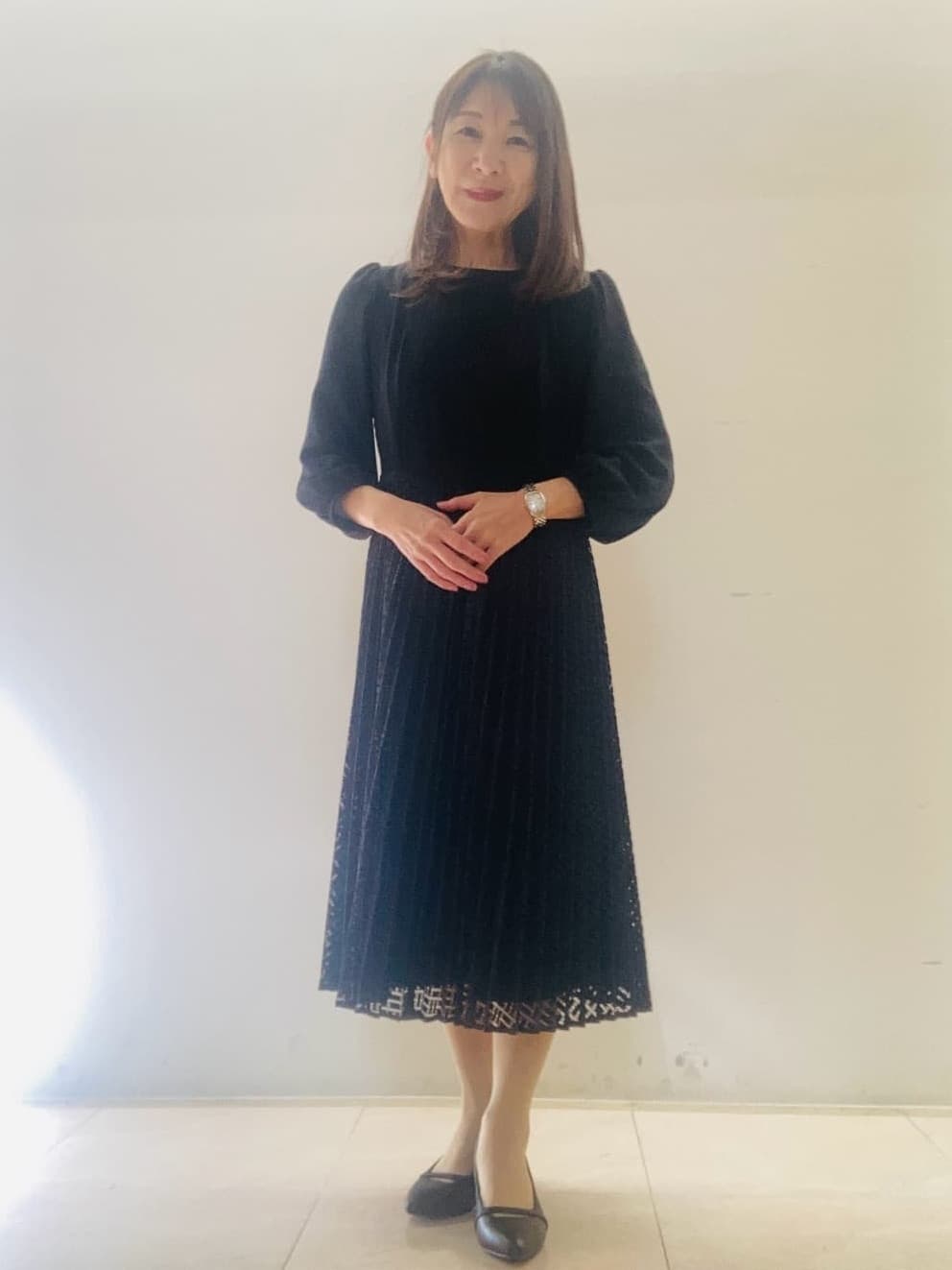kurodaさんの「Reflect｜【SS-4Lサイズ】シフォン&times;幾何柄レースプリーツワンピース」を使ったコーディネート