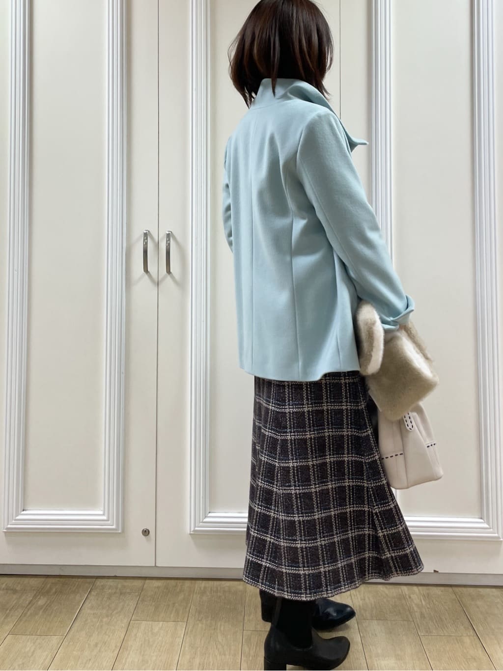めいさんの「Reflect｜【SS-4Lサイズ／衿が顔に当たらない◎】スタンドネックミドルコート」を使ったコーディネート