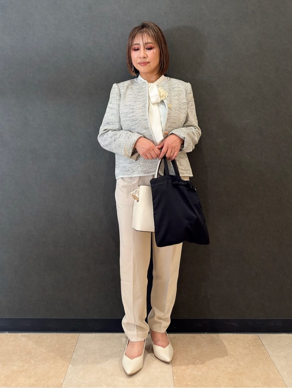 Megさんの「SHOO･LA･RUE｜【S-3L】オンとオフで印象が変わる ライトツイードジャケット」を使ったコーディネート