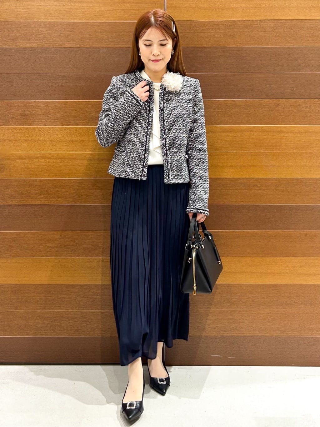 yumiさんの「OPAQUE.CLIP｜《通勤／セットアップ対応》ノーカラーツイードジャケット【洗濯機OK】」を使ったコーディネート