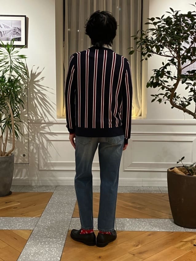 junyaさんの「DRESSTERIOR｜◆【ウォッシャブル】ウールレーヨン ストライプラウンドネックカーディガン」を使ったコーディネート