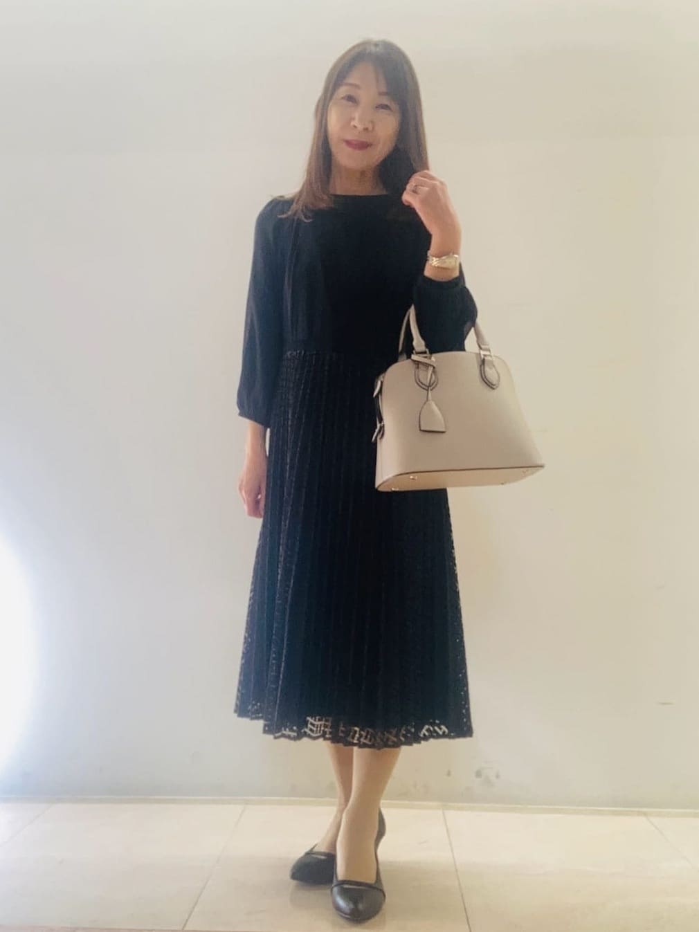 kurodaさんの「Reflect｜【SS-4Lサイズ】シフォン&times;幾何柄レースプリーツワンピース」を使ったコーディネート