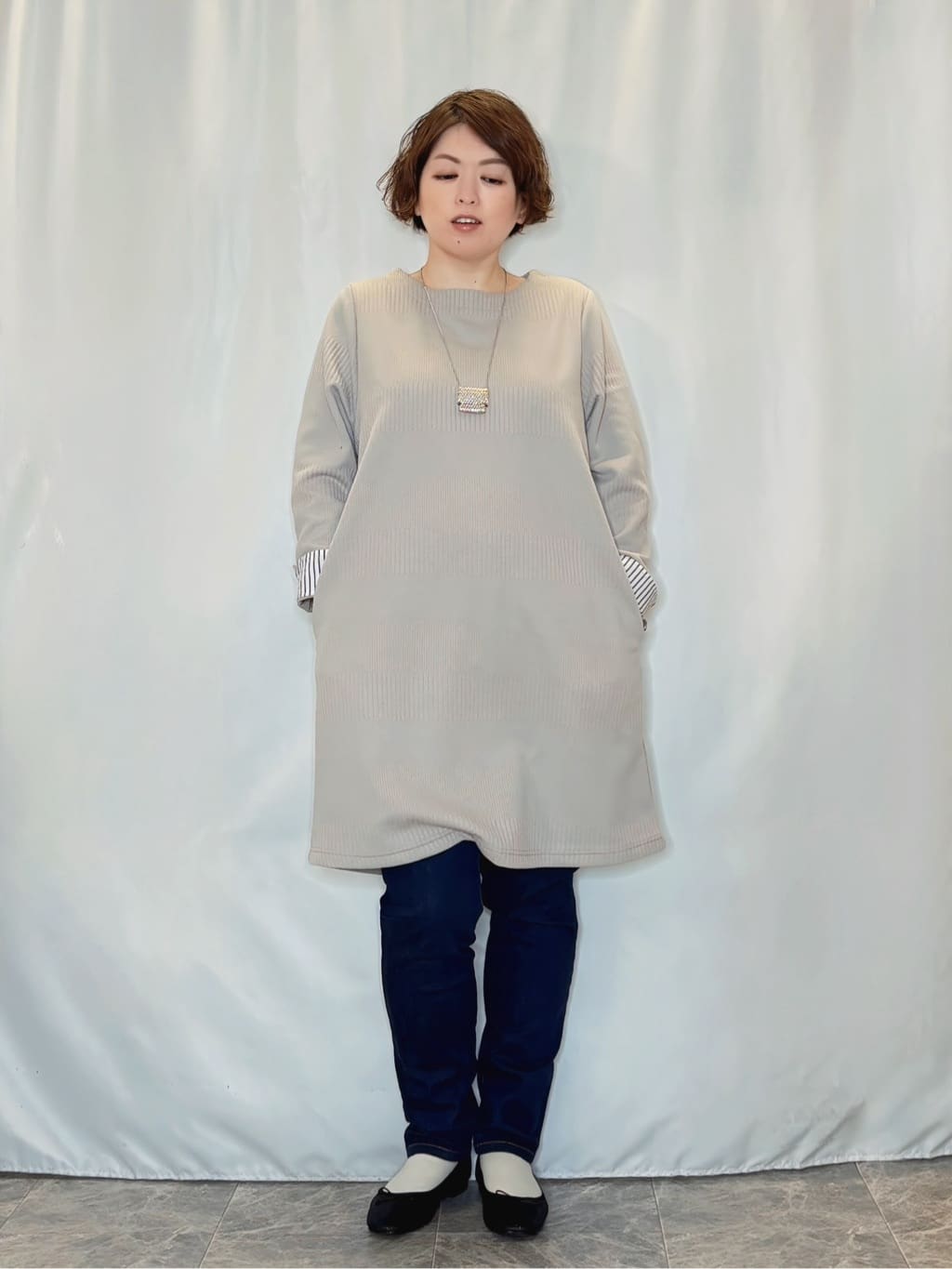 たみさんの「SHOO･LA･RUE｜【体型カバー/洗濯機可/S-LL】お袖ストライプAラインチュニック」を使ったコーディネート