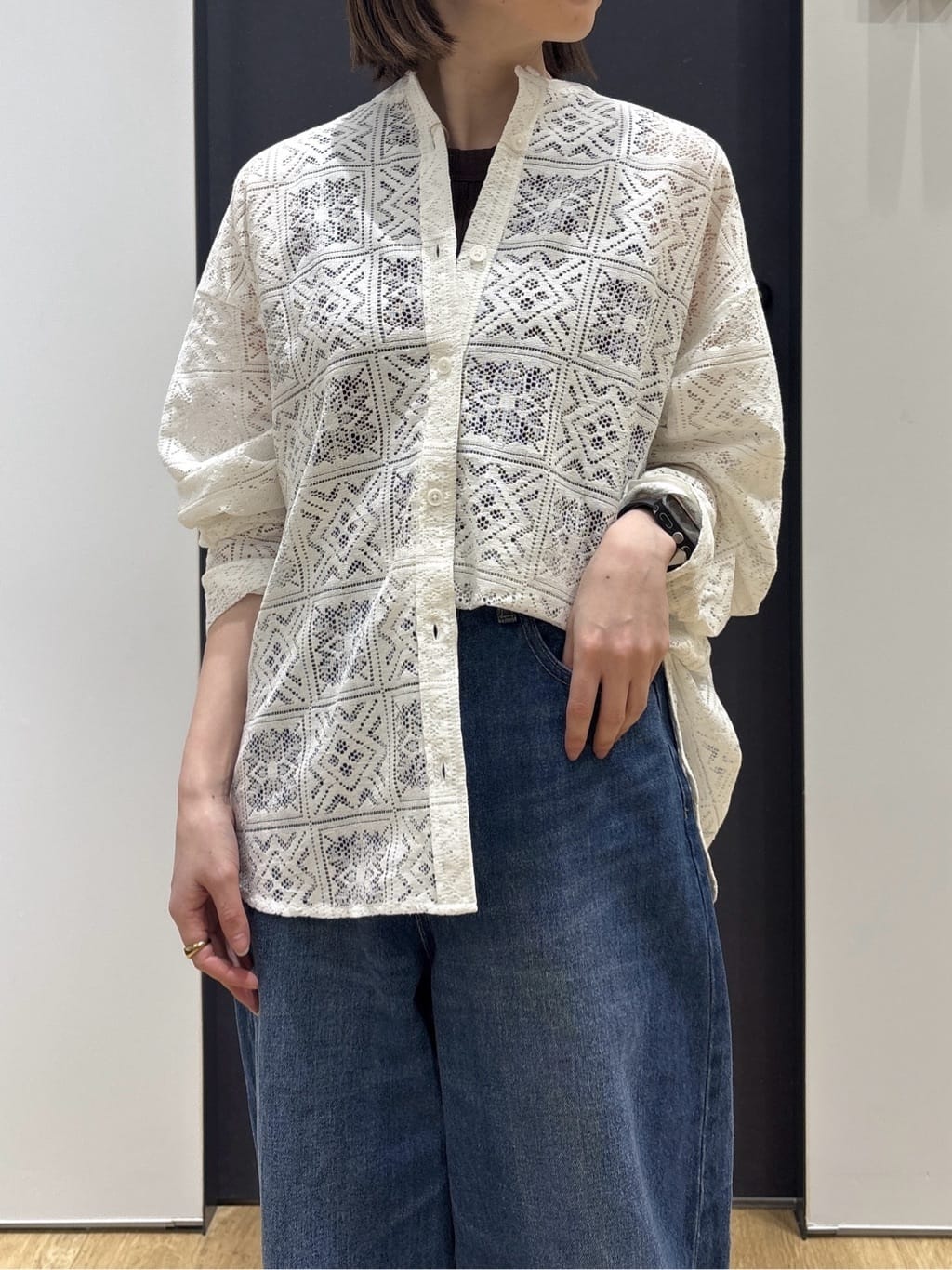 risaさんの「Dessin｜【洗える】スクエアレースノーカラーシャツ」を使ったコーディネート