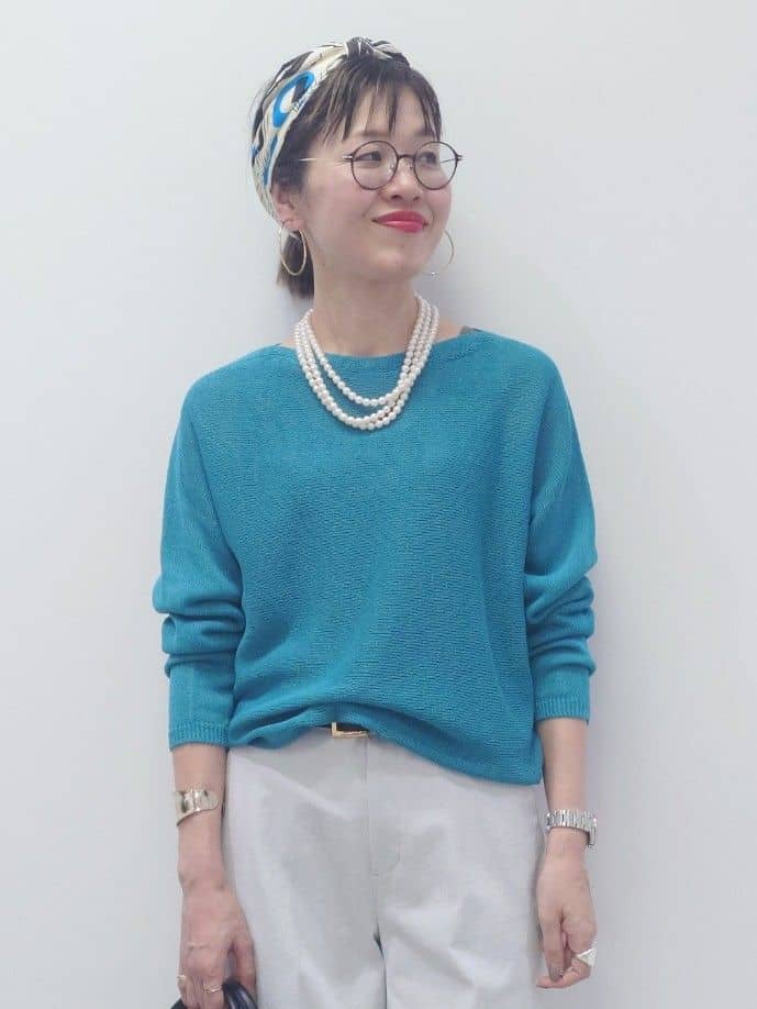 MUTSUKOさんの「UNTITLED｜【古畑星夏さん着用/8色展開/程よい透け感】ドライタッチボートネックニット」を使ったコーディネート