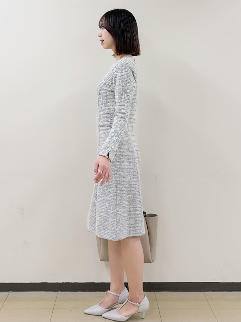 yurinaさんの「index｜ミックスツイードフレアワンピース【洗える／イージーアイロン／ストレッチ】《S～3L》」を使ったコーディネート