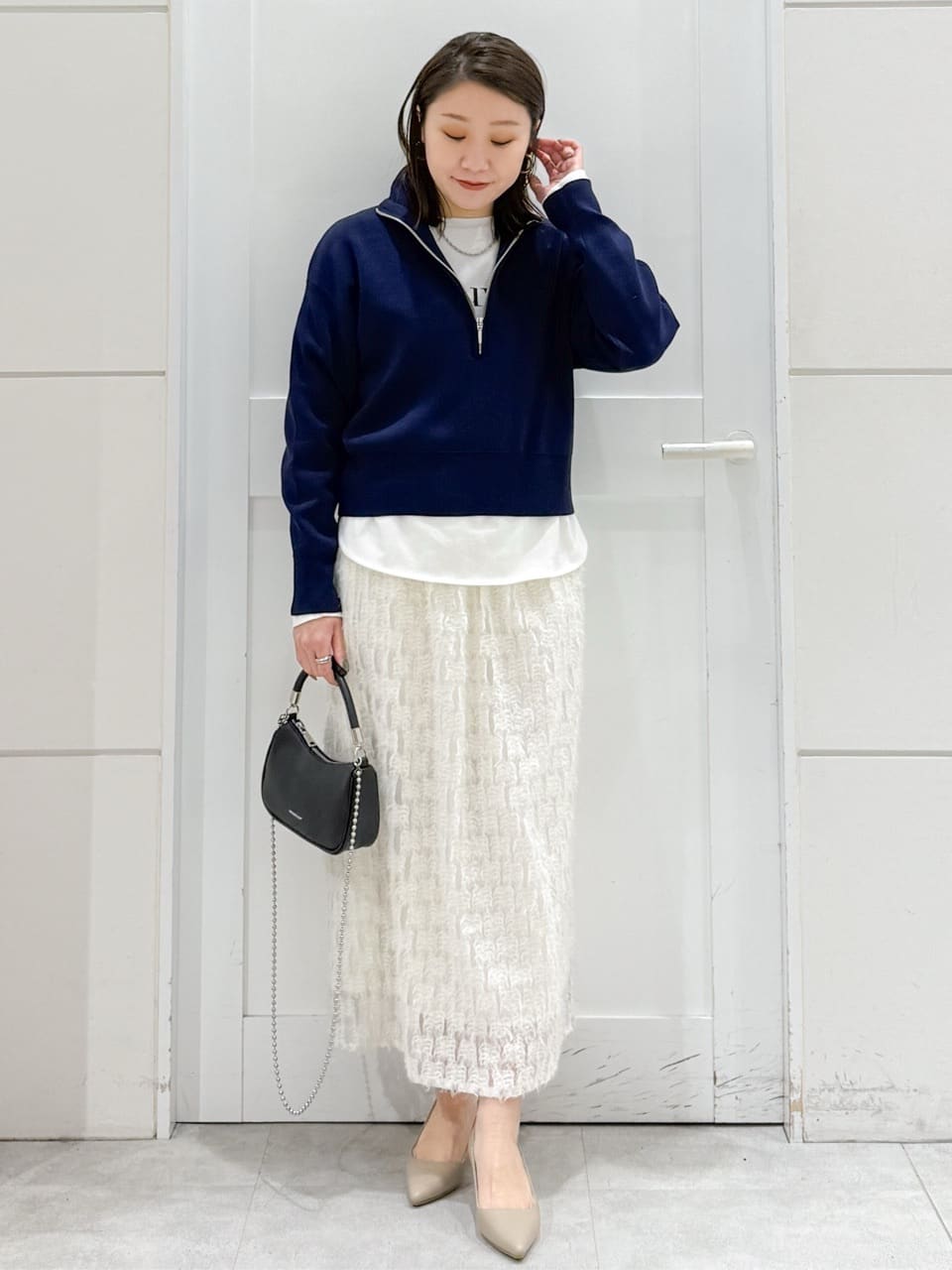yuka.aさんの「OPAQUE.CLIP｜ハーフZIP刺繍ロゴニット【洗濯機OK】」を使ったコーディネート