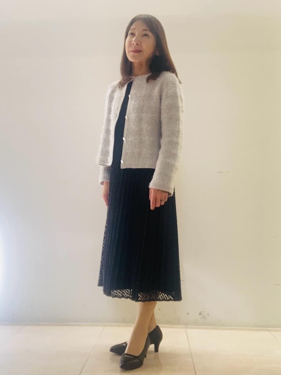 kurodaさんの「Reflect｜【SS-4Lサイズ】シフォン&times;幾何柄レースプリーツワンピース」を使ったコーディネート