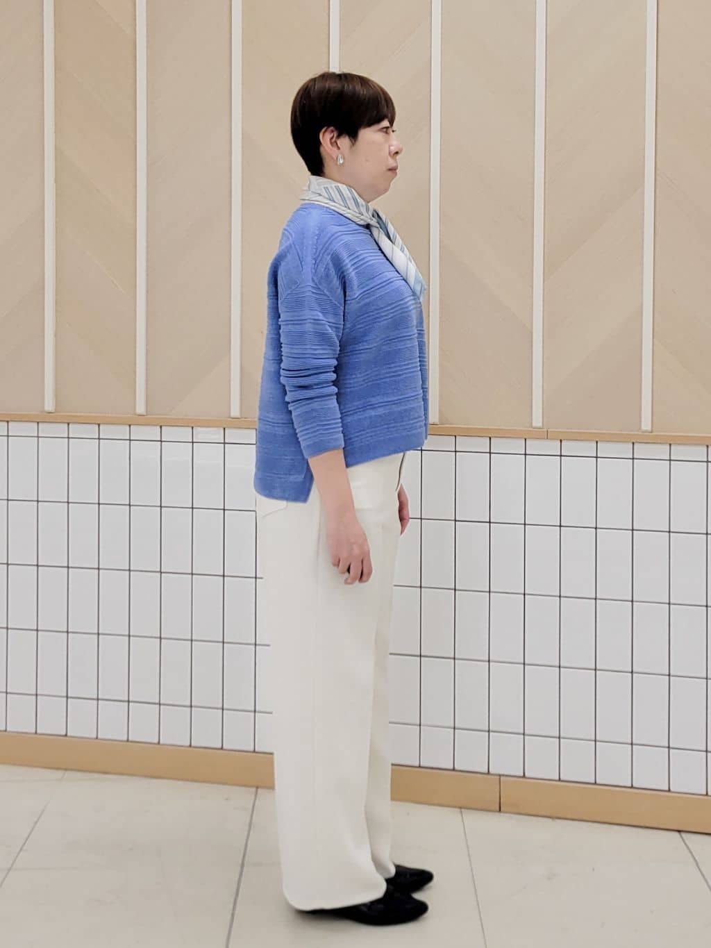 tomoさんの「COUP DE CHANCE｜【手洗い可／日本製／和紙使用】地柄ボーダーニット」を使ったコーディネート