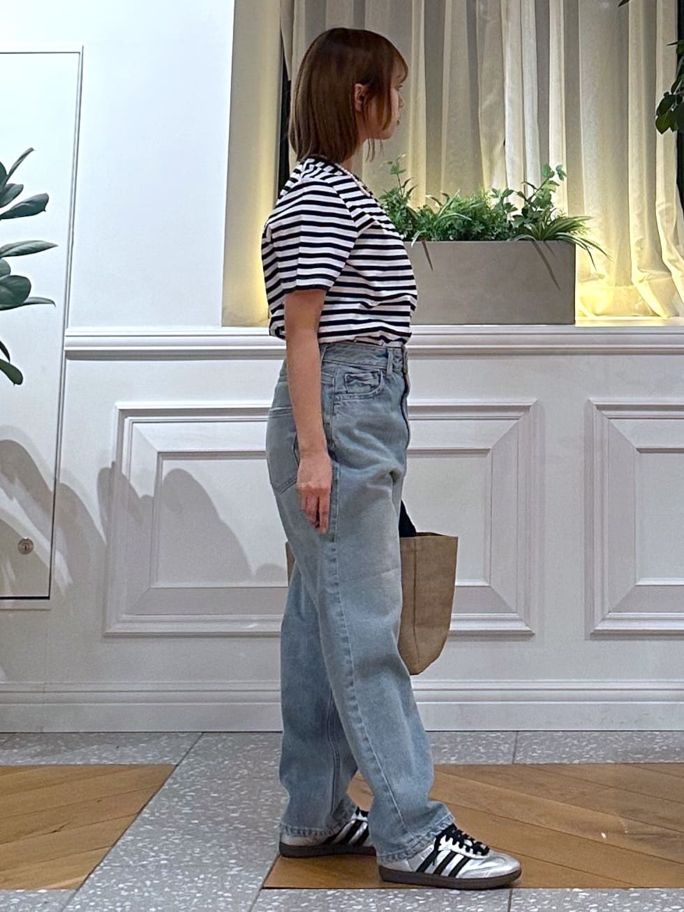 なべこさんの「DRESSTERIOR｜◆【接触冷感/抗菌防臭/消臭】アイスクリアコットンボーダーTシャツ」を使ったコーディネート