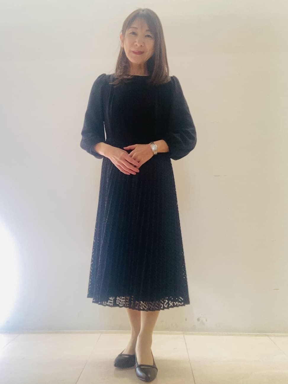 kurodaさんの「Reflect｜【SS-4Lサイズ】シフォン&times;幾何柄レースプリーツワンピース」を使ったコーディネート