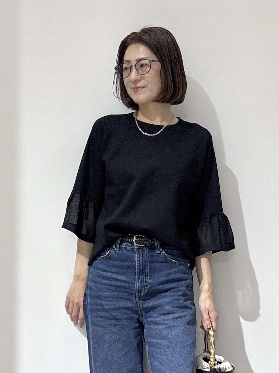 NAKAさんの「OPAQUE.CLIP｜シアーフレアスリーブニット【洗濯機OK／抗ピル】」を使ったコーディネート
