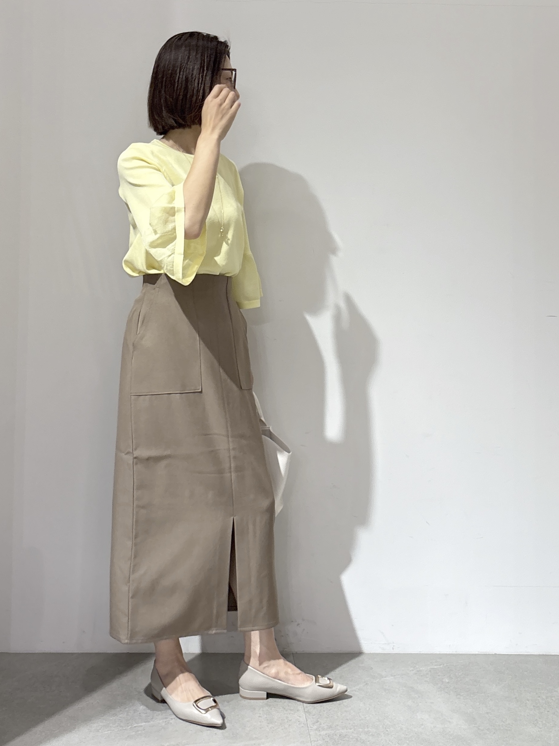 NAKAさんの「OPAQUE.CLIP｜シアーフレアスリーブニット【洗濯機OK／抗ピル】」を使ったコーディネート