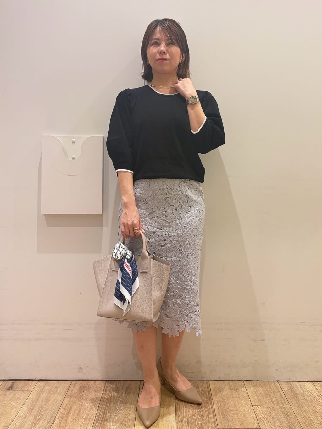 YUKOさんの「index｜【UVケア】6分袖タックスリーブニット《洗濯機OK／XS～LL／9col》」を使ったコーディネート
