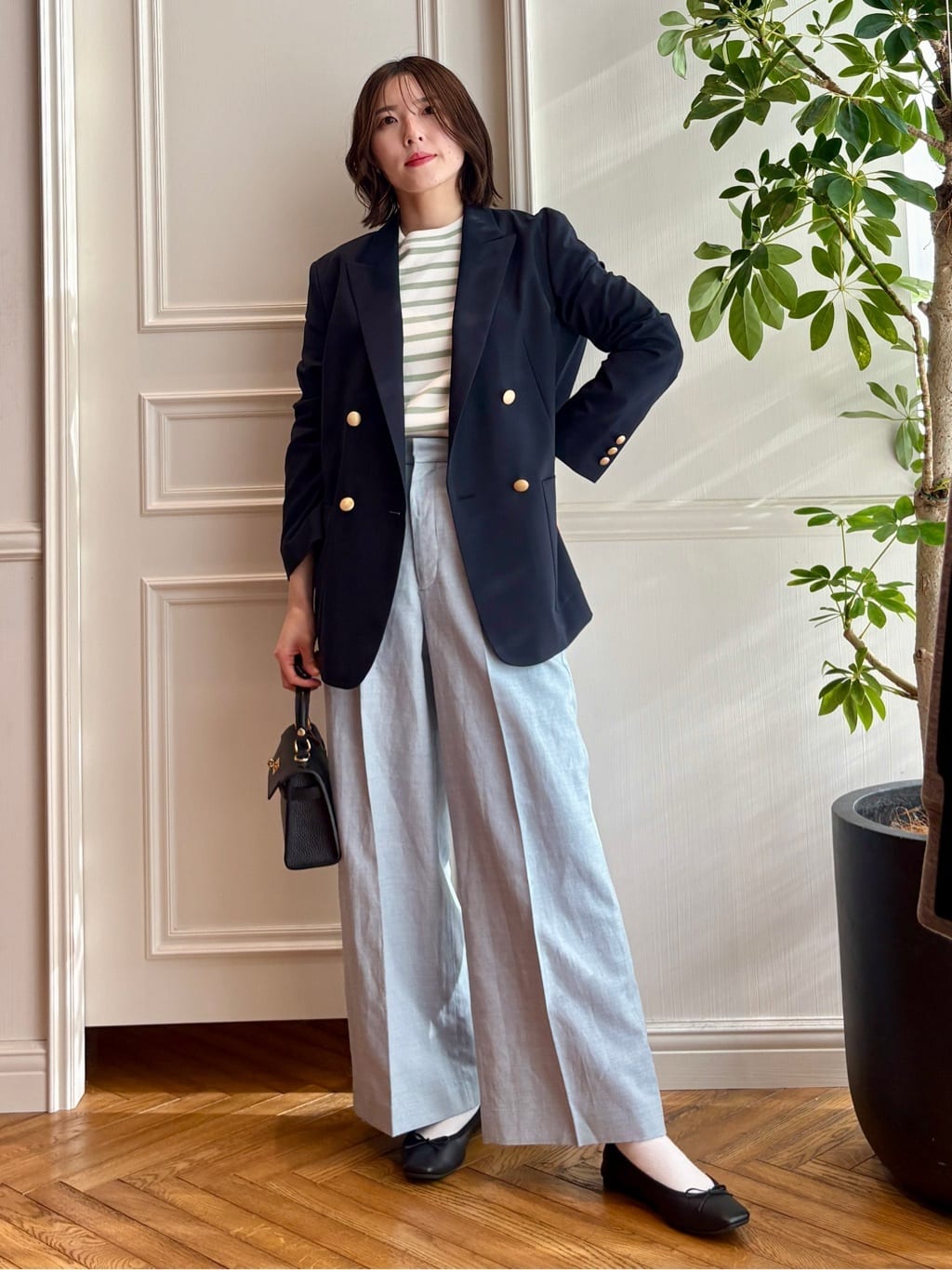 nakaoさんの「DRESSTERIOR｜◆【セットアップ可/ウォッシャブル】リネンブレンドワイドパンツ」を使ったコーディネート
