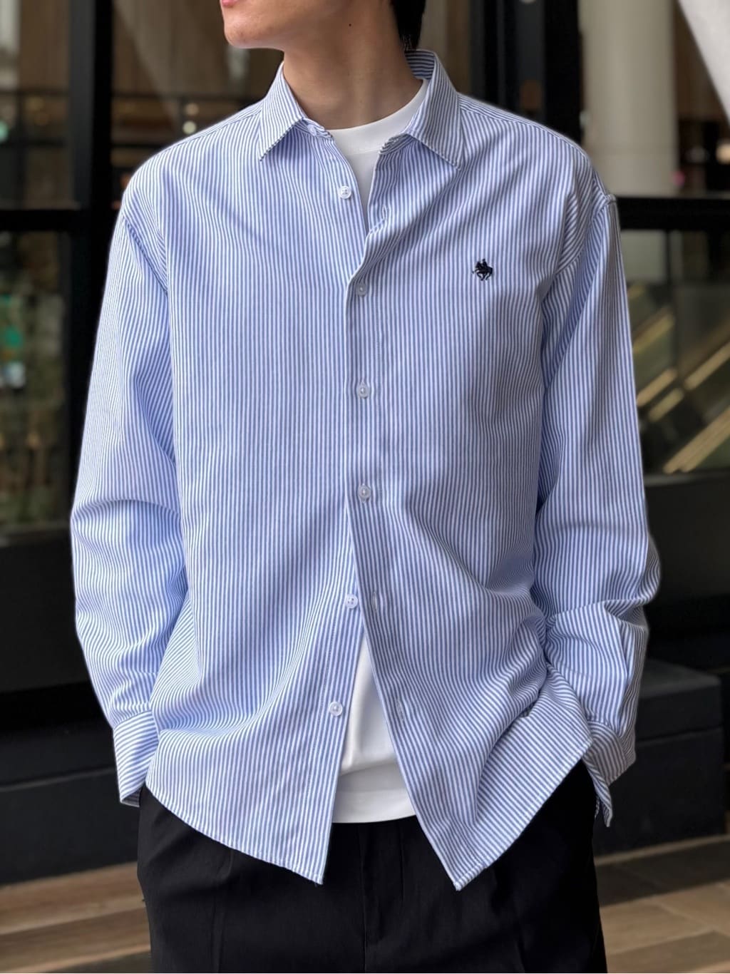うらしーさんの「THE SHOP TK｜【POLO BCS 別注】 アソート長袖シャツ ストライプ／グレー／デニム」を使ったコーディネート