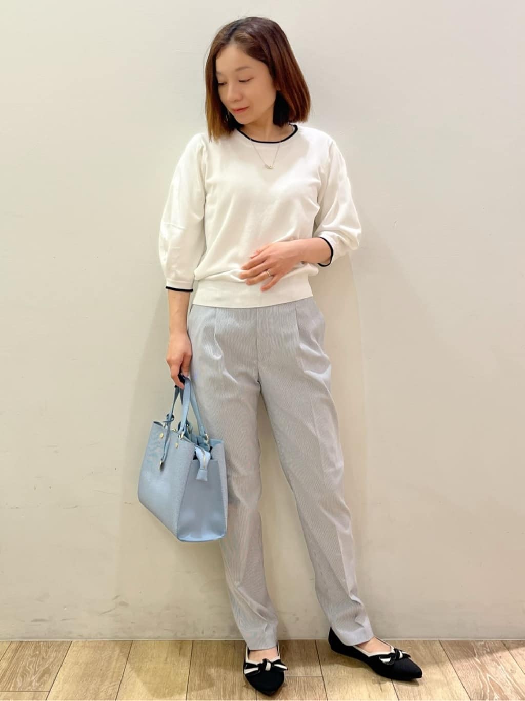 kcさんの「OPAQUE.CLIP｜【UVケア】6分袖タックスリーブニット《洗濯機OK／XS～LL／9col》」を使ったコーディネート