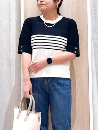 naoさんの「grove｜新色追加！【シリーズ累計36万枚/名品ニット】やわらかドライタッチ 袖メッシュ編みニット」を使ったコーディネート