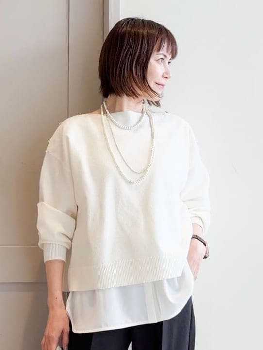 yamakoさんの「grove｜【おうちで洗える】顔周りすっきり、ボートネックニット」を使ったコーディネート