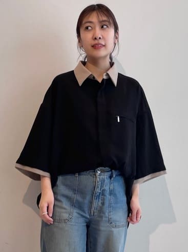 abeさんの「tk.TAKEO KIKUCHI｜【さらりタッチ】クレリックレギュラーシャツ/ドレープ/配色襟/バイカラー/美シルエット/夏服」を使ったコーディネート