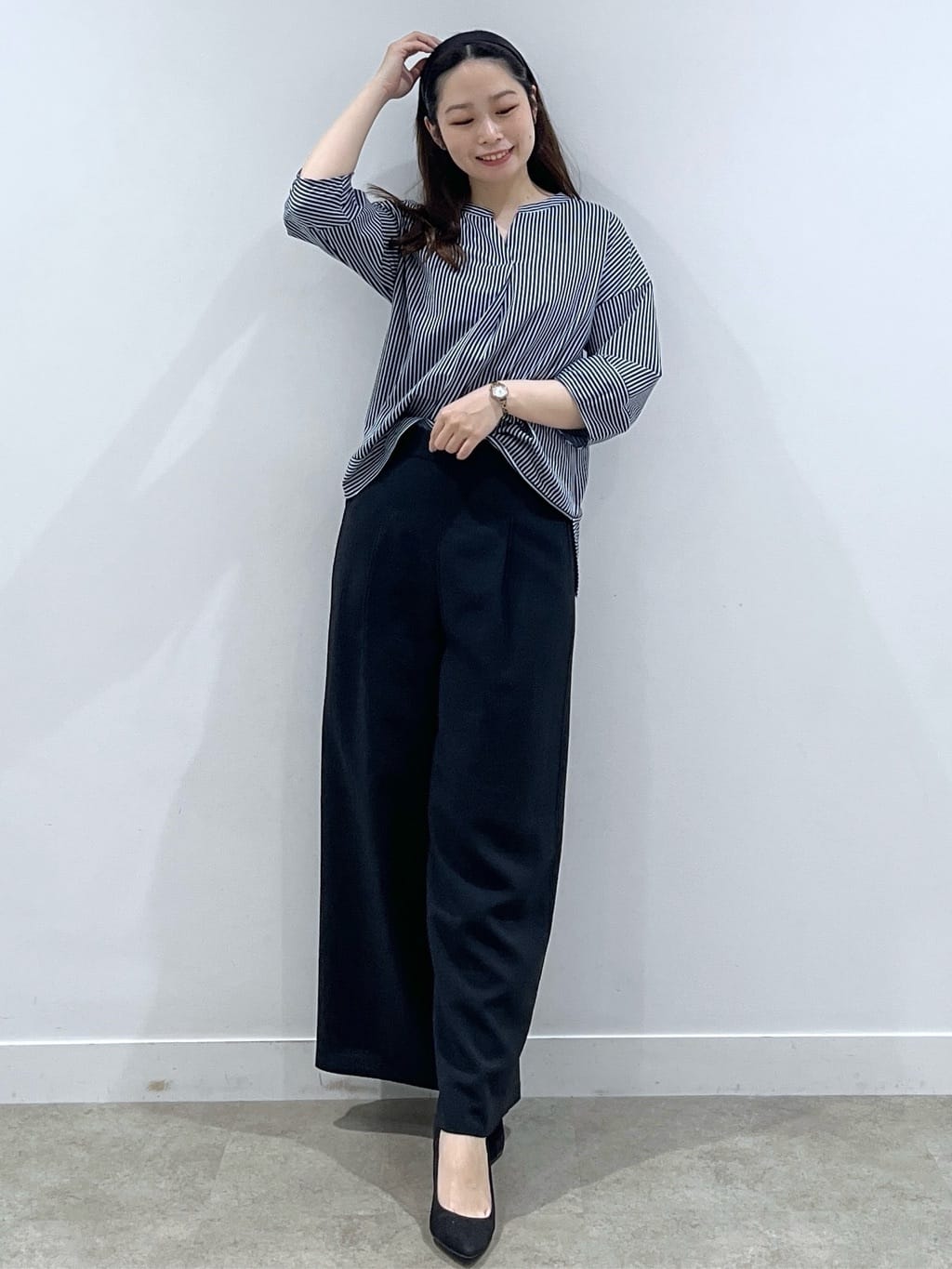 Saekoさんの「COUP DE CHANCE｜【手洗い可／日本製】ストライプ柄ジャージートップス」を使ったコーディネート