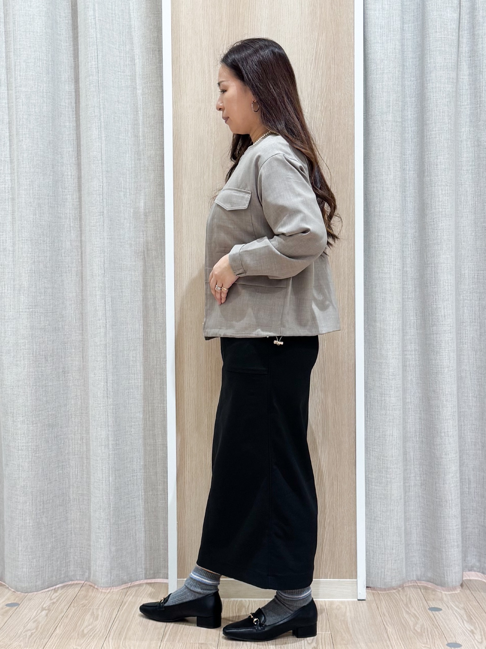 sachiさんの「grove｜【洗える】麻調ノーカラーブルゾン」を使ったコーディネート
