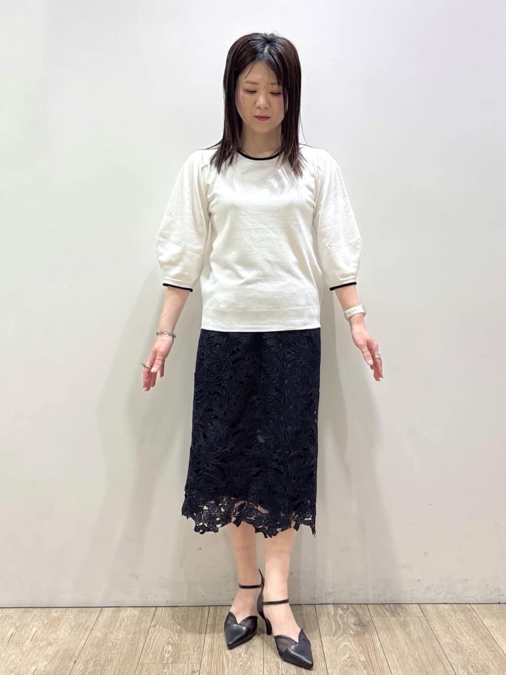 mameさんの「index｜【UVケア】6分袖タックスリーブニット《洗濯機OK／XS～LL／9col》」を使ったコーディネート