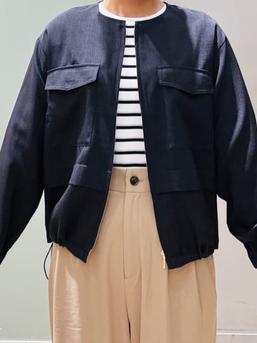 Komi☆さんの「grove｜【洗える】麻調ノーカラーブルゾン」を使ったコーディネート