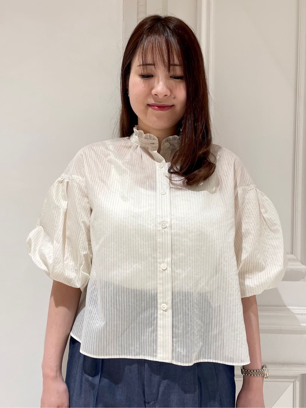 minowaさんの「DRESSTERIOR｜【1枚で着映え/ウォッシャブル】ストライプスタンドフリルボリュームスリーブブラウス」を使ったコーディネート