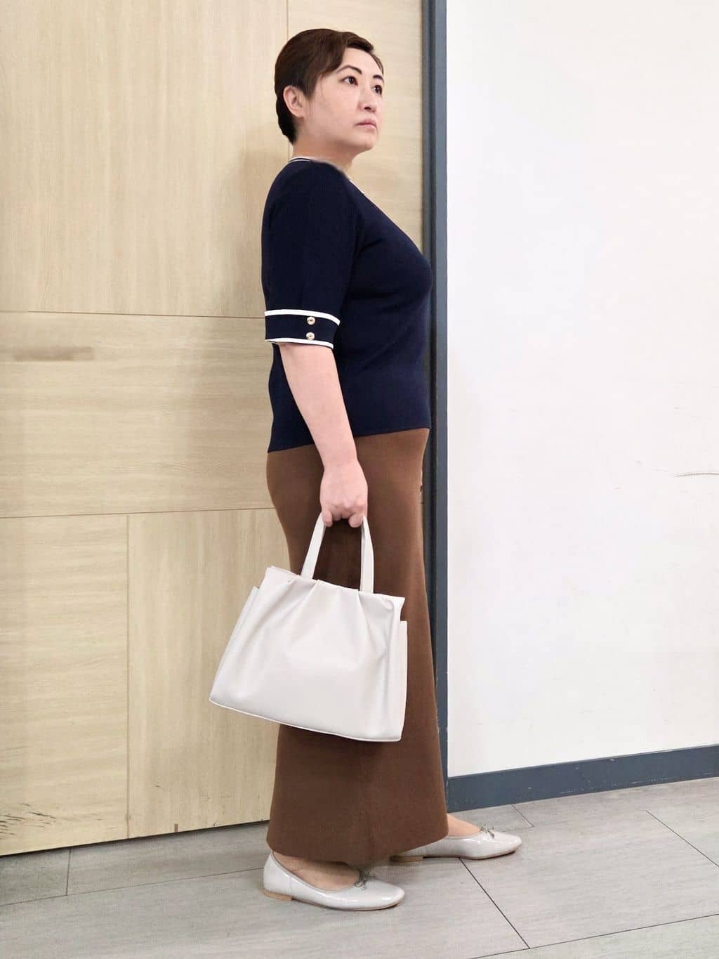 にゃみさんの「grove｜新色追加！【シリーズ累計36万枚/名品ニット】やわらかドライタッチ 袖メッシュ編みニット」を使ったコーディネート