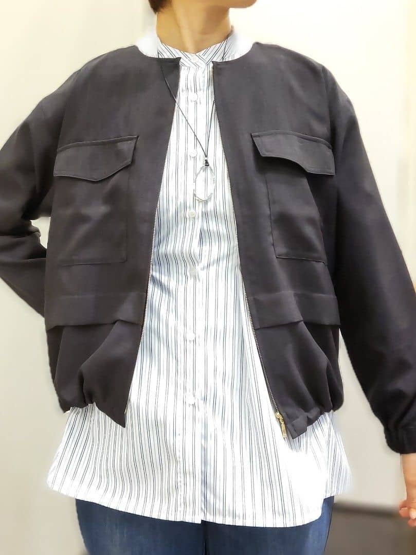 やまちゃんさんの「grove｜【洗える】麻調ノーカラーブルゾン」を使ったコーディネート