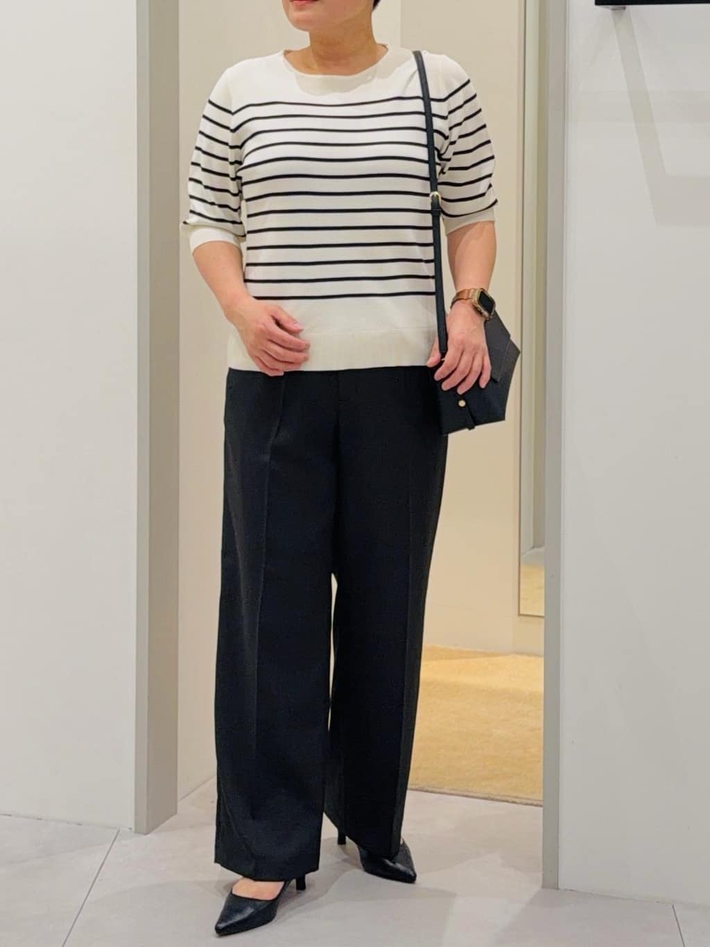 タナさんの「THE SHOP TK｜【S-XL/ひんやりタッチ】美しさ際立つ 6分袖ニット 洗濯機OK/UVケア/毛玉になりにくい」を使ったコーディネート