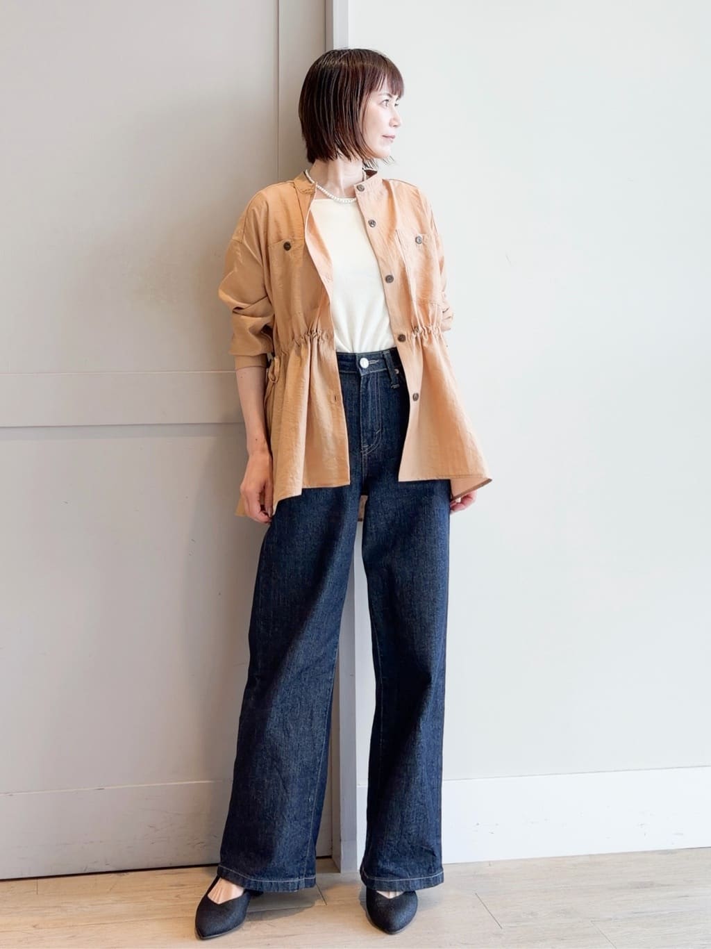 yamakoさんの「grove｜高評価！【体型カバー・洗える】シアーサファリシャツジャケット」を使ったコーディネート