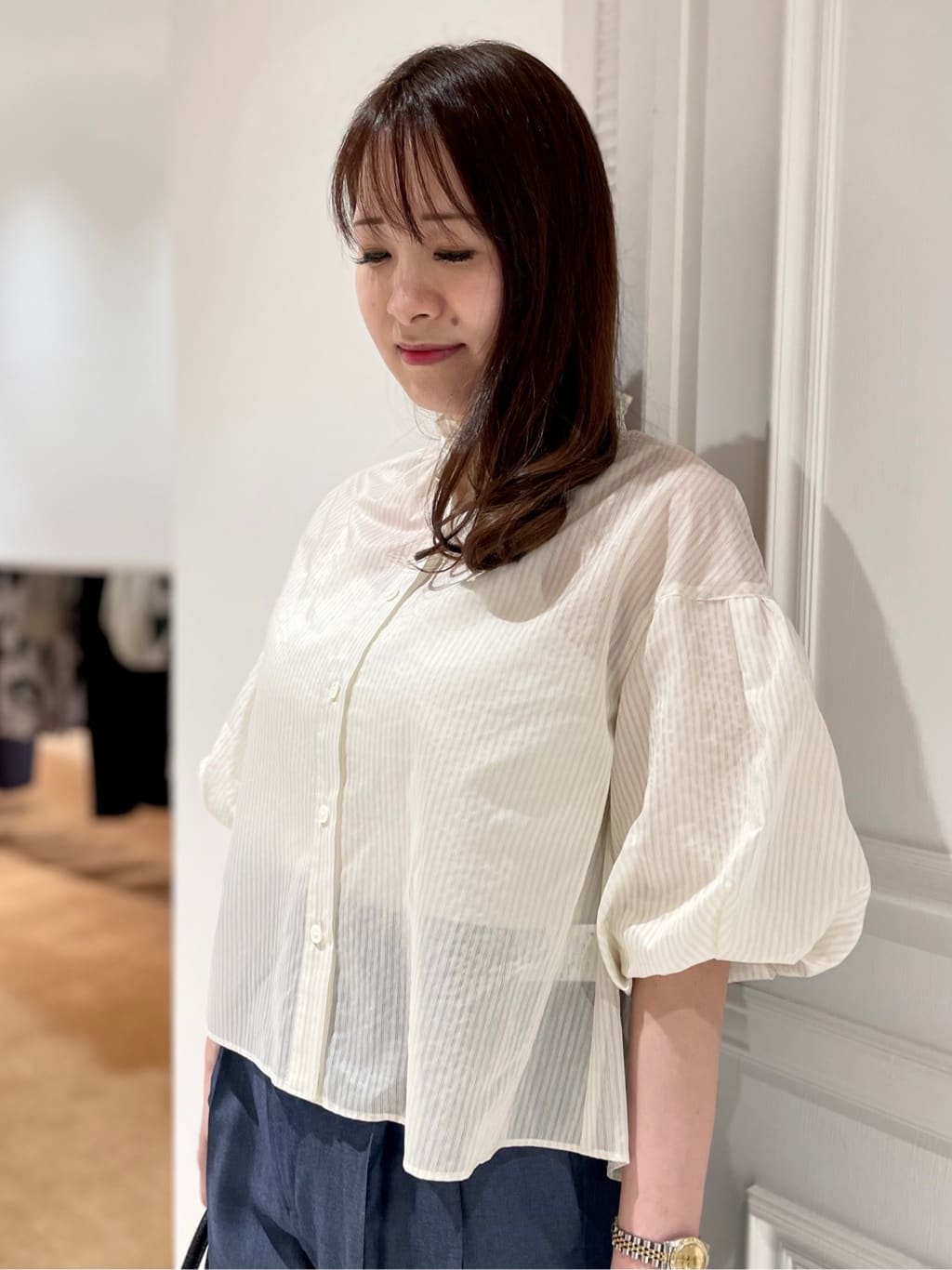 minowaさんの「DRESSTERIOR｜【1枚で着映え/ウォッシャブル】ストライプスタンドフリルボリュームスリーブブラウス」を使ったコーディネート