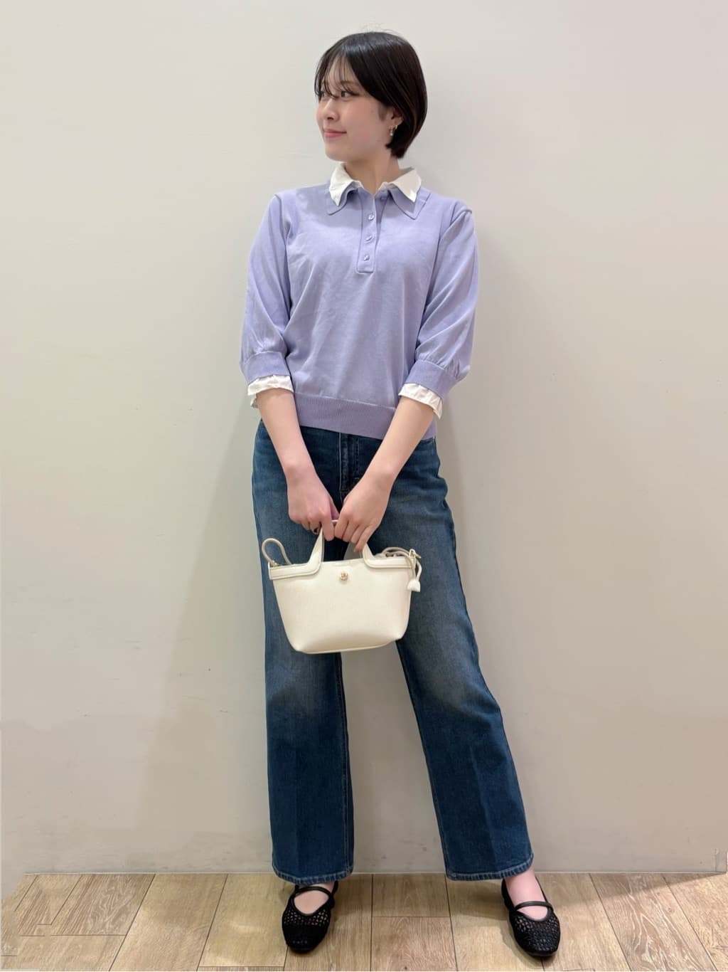 RINさんの「OPAQUE.CLIP｜シャツレイヤード風ポロニット【洗濯機OK】」を使ったコーディネート