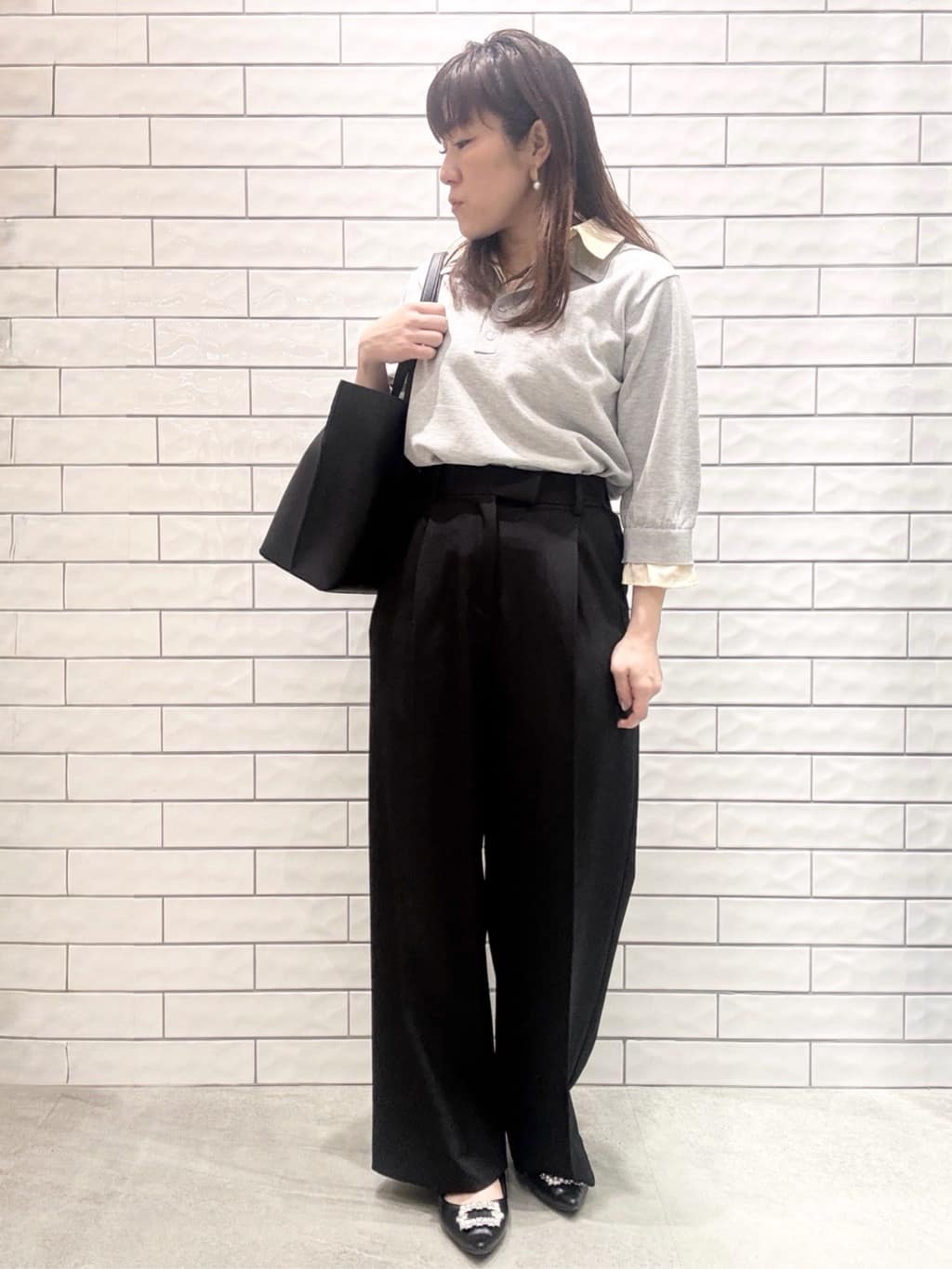 maichiさんの「OPAQUE.CLIP｜シャツレイヤード風ポロニット【洗濯機OK】」を使ったコーディネート