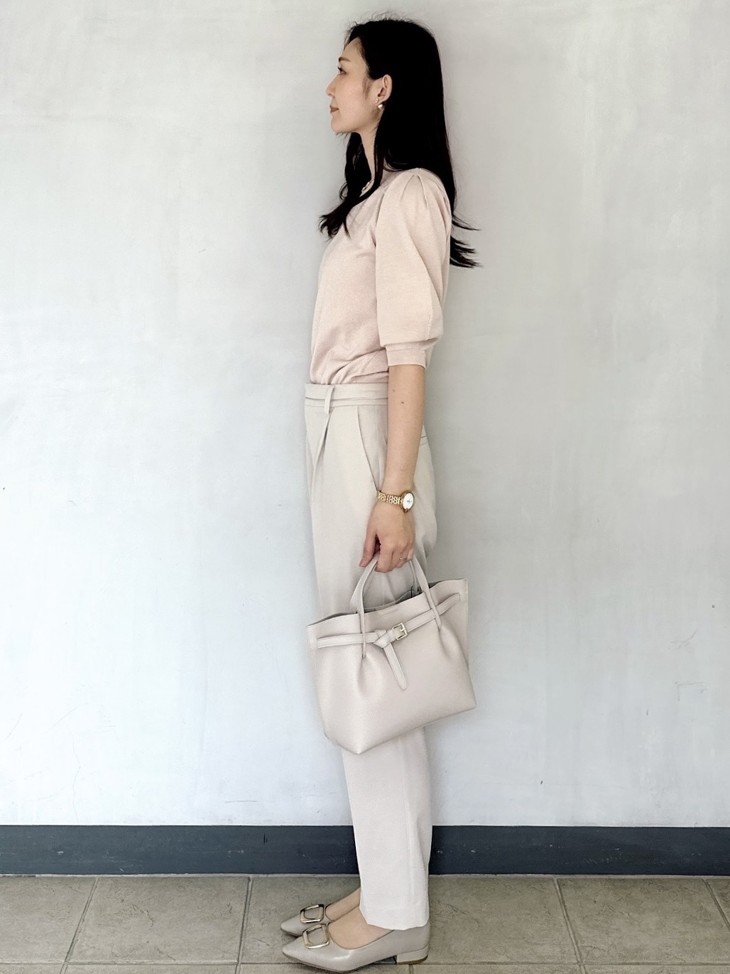 keito.iさんの「OPAQUE.CLIP｜【UVケア】6分袖タックスリーブニット《洗濯機OK／XS～LL／9col》」を使ったコーディネート