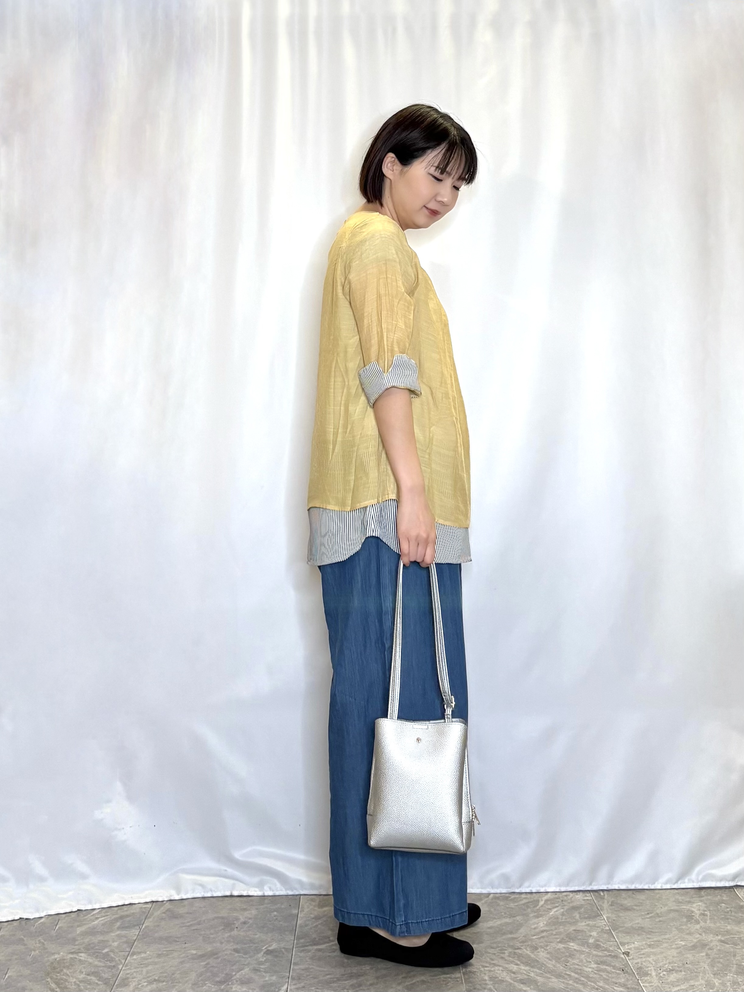 ネリさんの「SHOO･LA･RUE｜【洗濯機可/体型カバー】1枚でサマ見え 7分袖スラブレイヤード風トップス」を使ったコーディネート